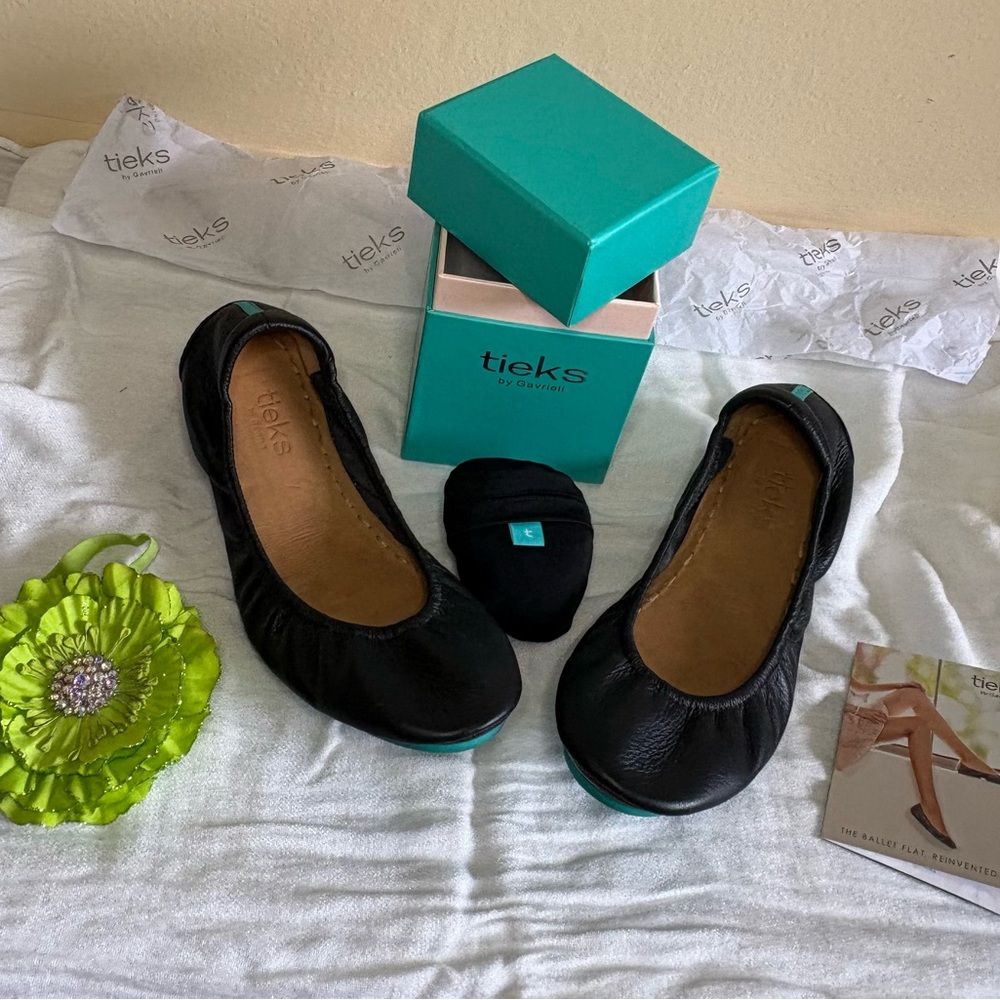 Tieks Black Leather Ballet Flats with Teal Sole Accent